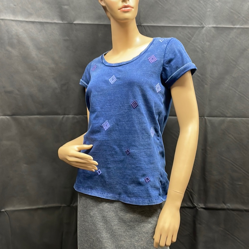 Lucky Brand Blue with Embroidered Designs Short Sleeve Tee Shirt